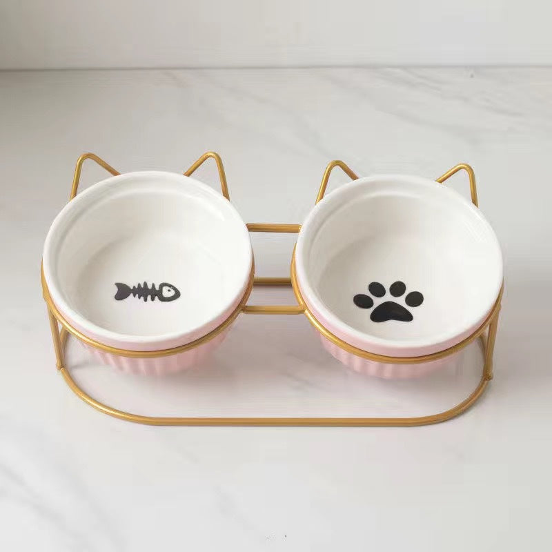 Tall Diagonal Ceramic Double Pet Food And Water Bowl