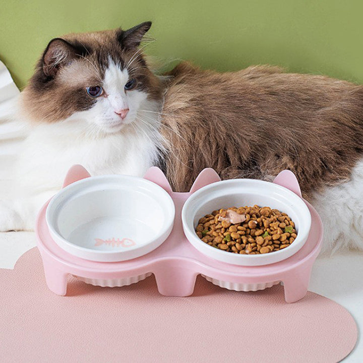 Tall Diagonal Ceramic Double Pet Food And Water Bowl