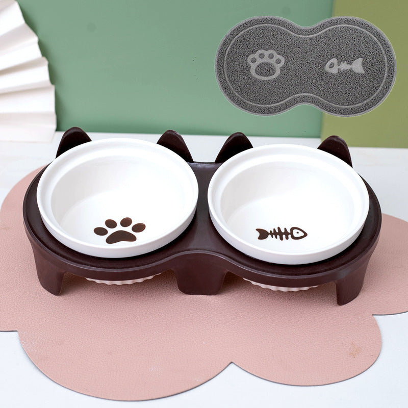Tall Diagonal Ceramic Double Pet Food And Water Bowl