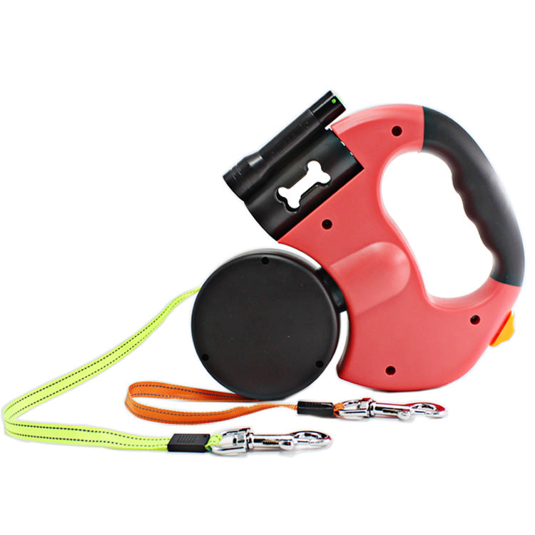 Pet Dual Headed Retractable Leash With Flashlight Waste Bag Holder