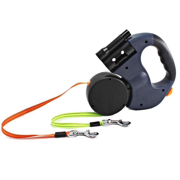 Pet Dual Headed Retractable Leash With Flashlight Waste Bag Holder