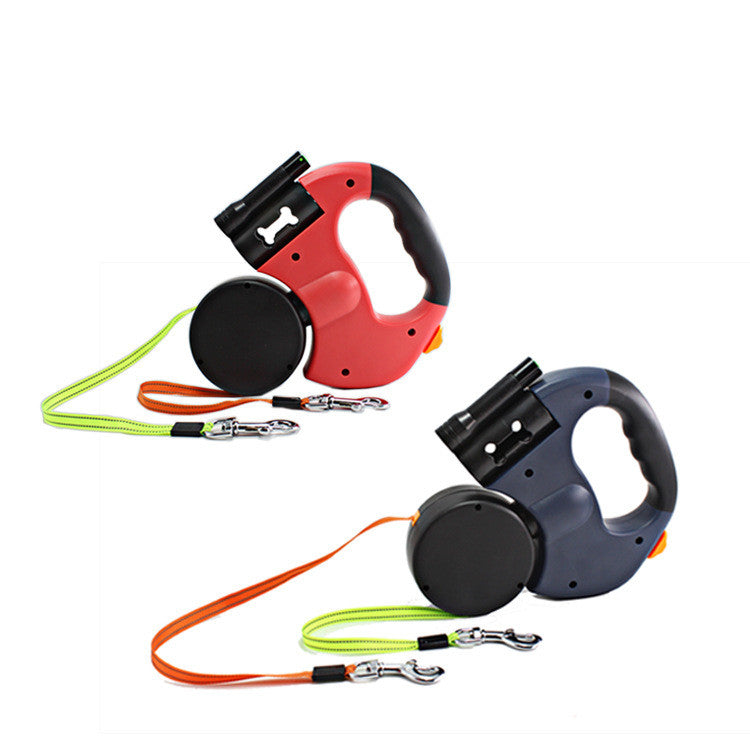 Pet Dual Headed Retractable Leash With Flashlight Waste Bag Holder