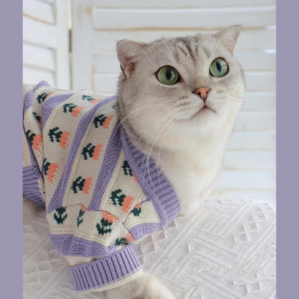 Retro Purple Floral Knitted Autumn Winter Pet Sweater Clothes