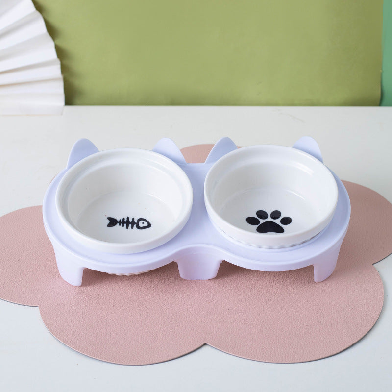 Tall Diagonal Ceramic Double Pet Food And Water Bowl