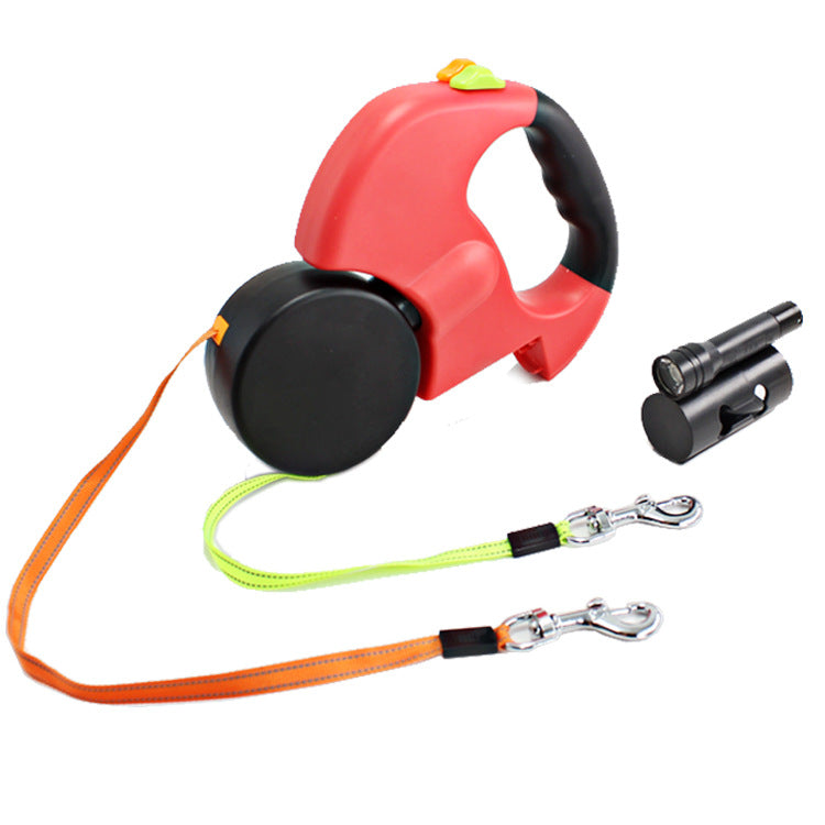 Pet Dual Headed Retractable Leash With Flashlight Waste Bag Holder