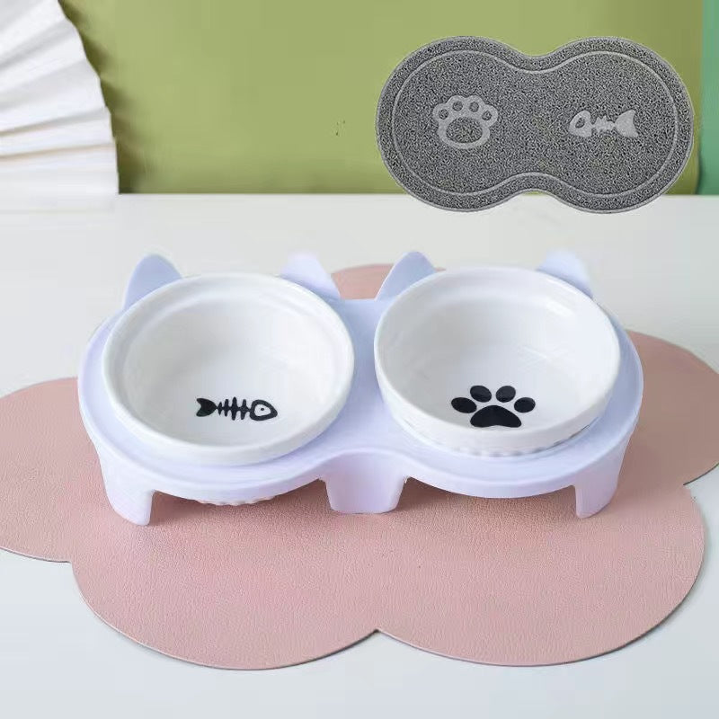 Tall Diagonal Ceramic Double Pet Food And Water Bowl