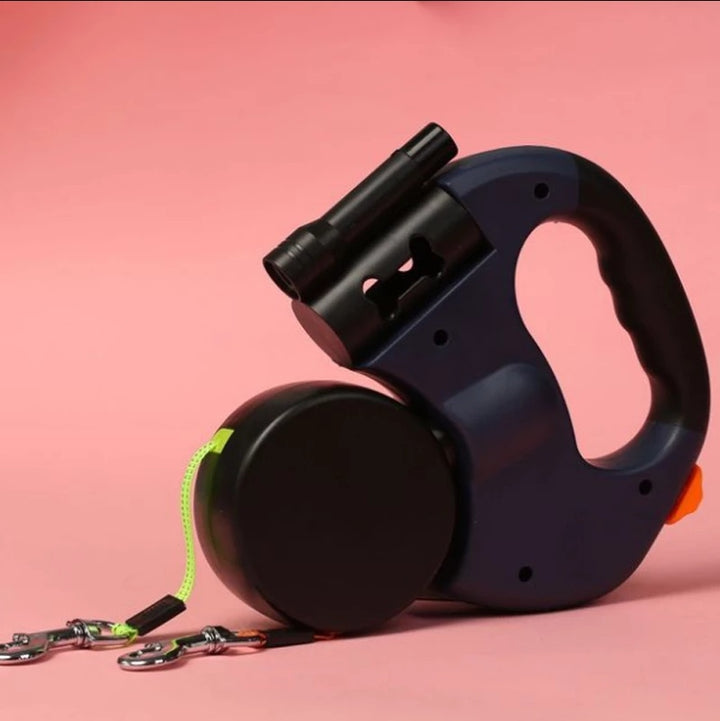 Pet Dual Headed Retractable Leash With Flashlight Waste Bag Holder