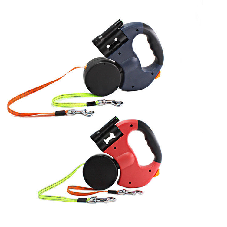 Pet Dual Headed Retractable Leash With Flashlight Waste Bag Holder
