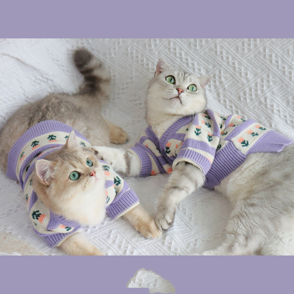 Retro Purple Floral Knitted Autumn Winter Pet Sweater Clothes