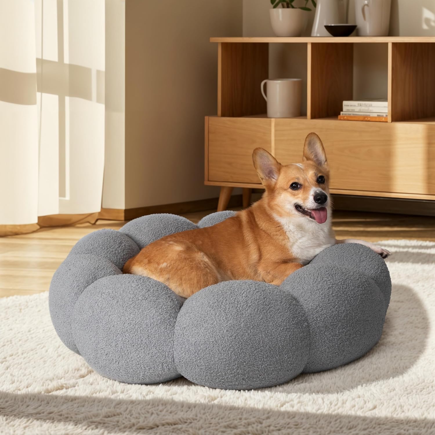Calming Fluffy Flower Plush Sherpa Donut Non-Slip Washable Pet Bed