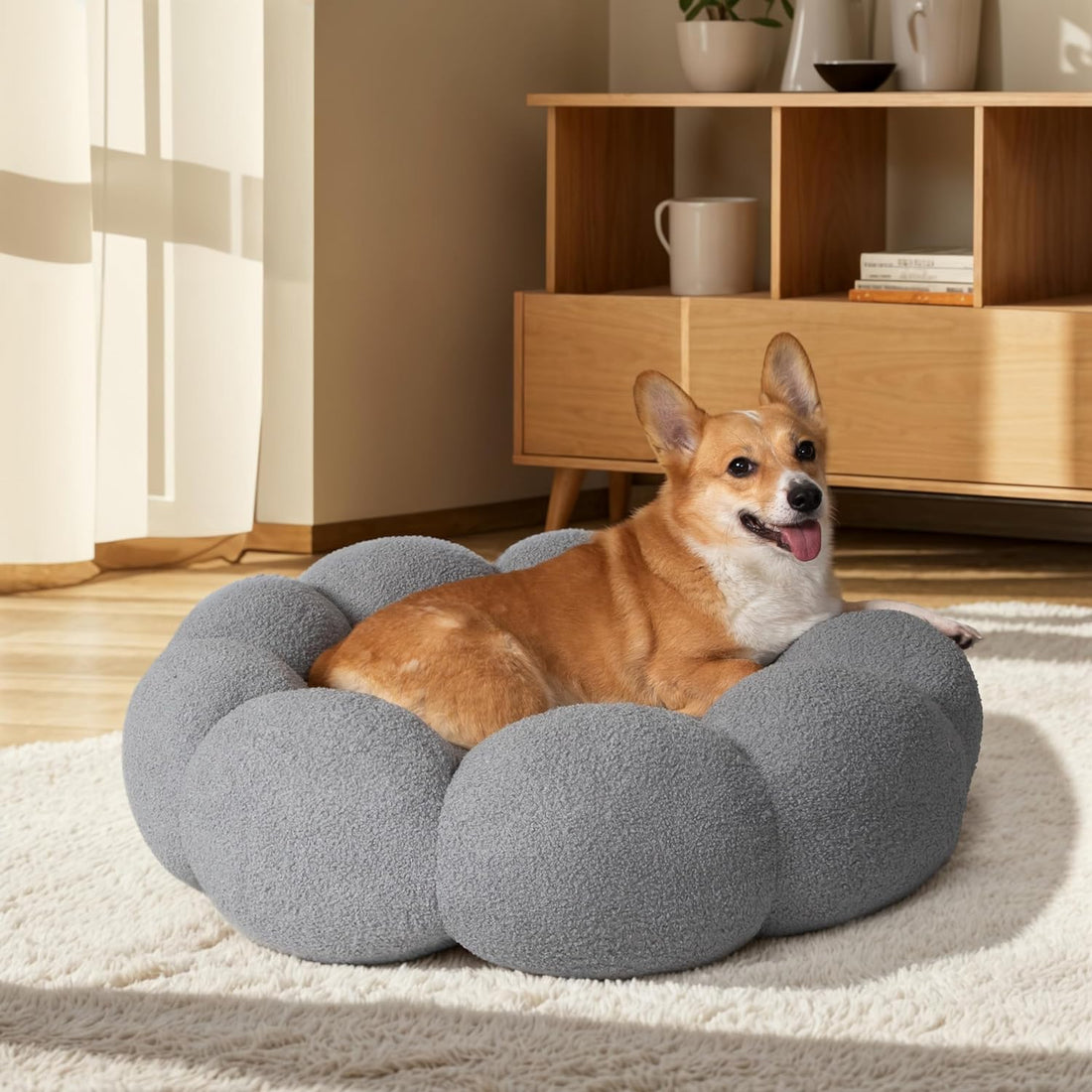 Calming Fluffy Flower Plush Sherpa Donut Non-Slip Washable Pet Bed