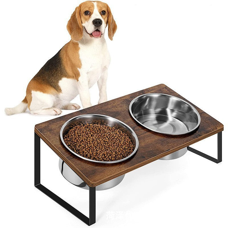 Wood Iron Combined Pet Feeding Bowl Rack Stand