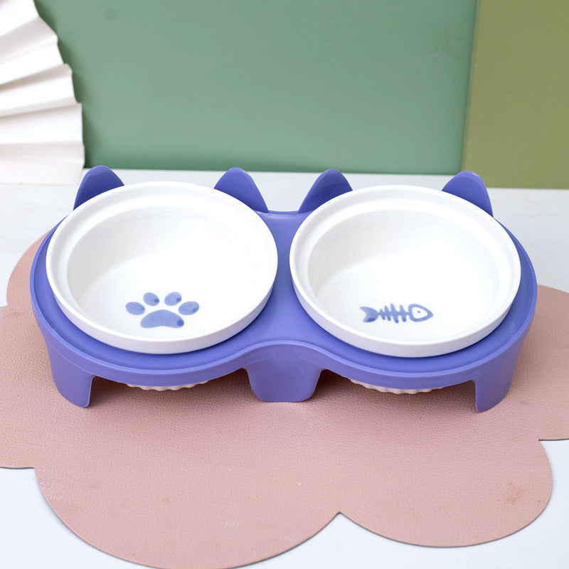 Tall Diagonal Ceramic Double Pet Food And Water Bowl