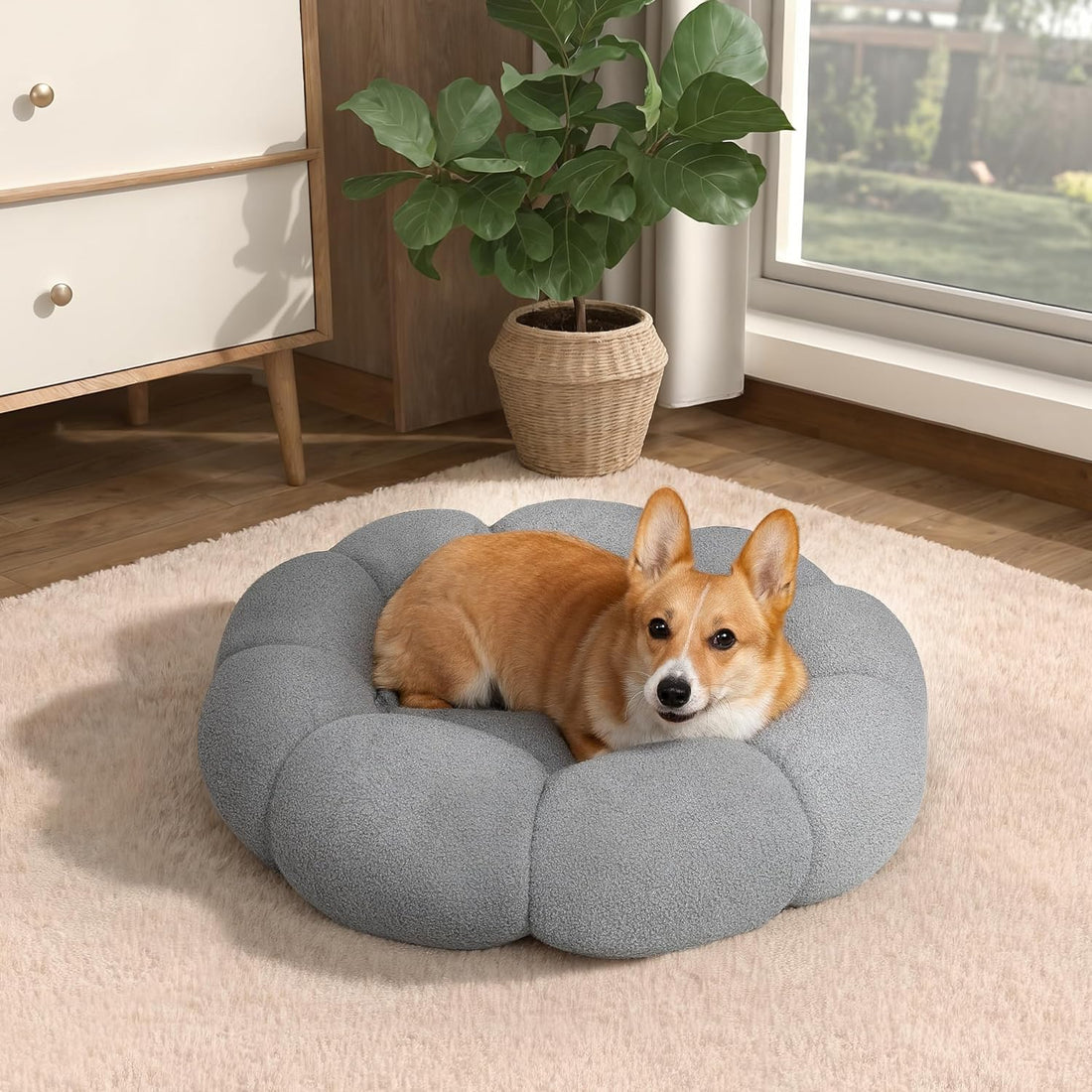 Calming Fluffy Flower Plush Sherpa Donut Non-Slip Washable Pet Bed