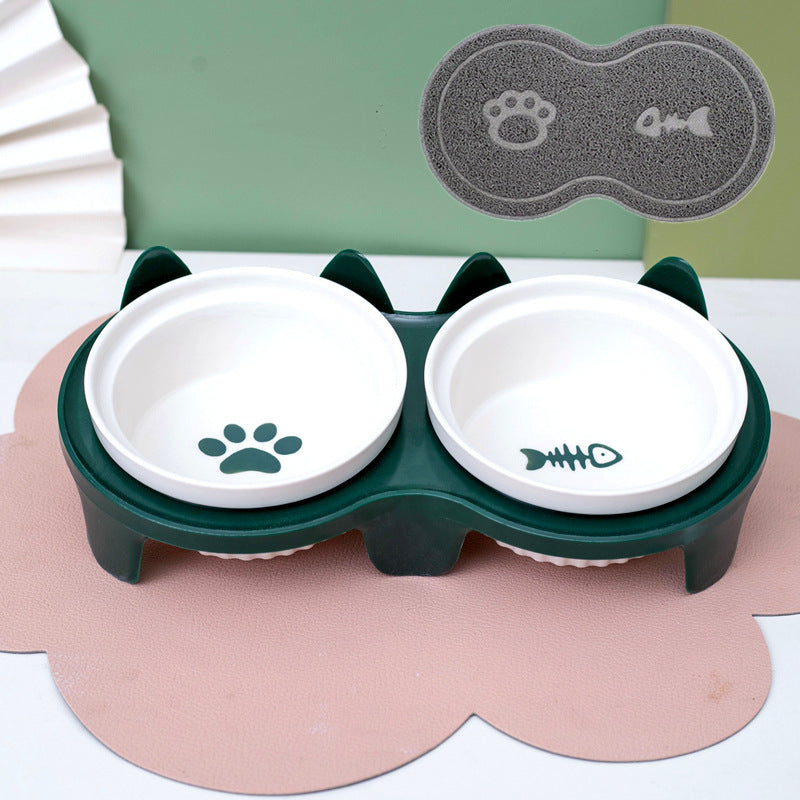 Tall Diagonal Ceramic Double Pet Food And Water Bowl