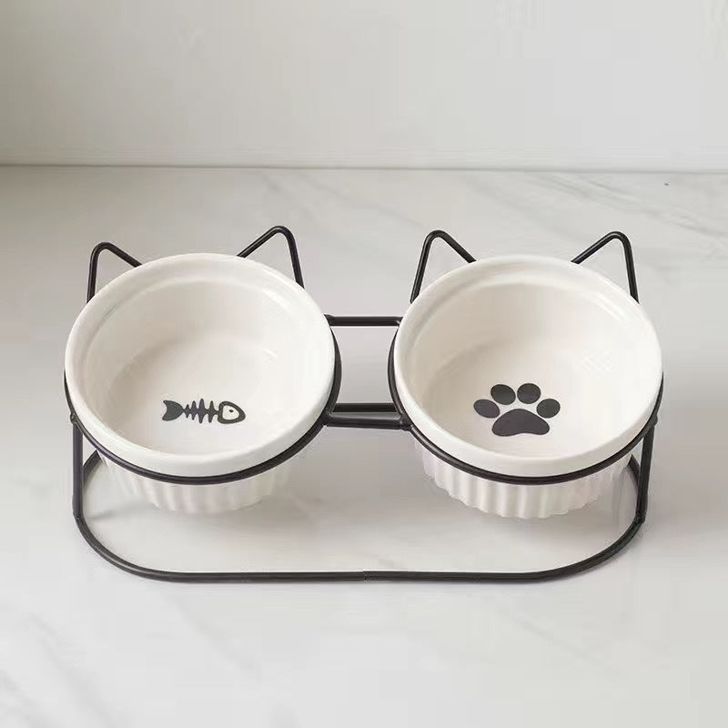 Tall Diagonal Ceramic Double Pet Food And Water Bowl