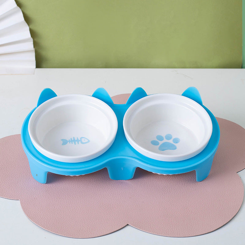 Tall Diagonal Ceramic Double Pet Food And Water Bowl