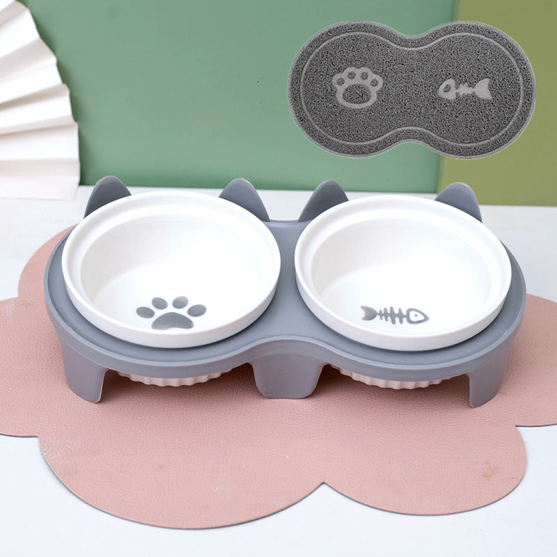 Tall Diagonal Ceramic Double Pet Food And Water Bowl