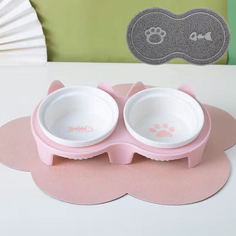 Tall Diagonal Ceramic Double Pet Food And Water Bowl
