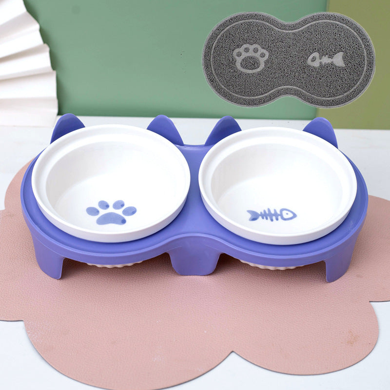 Tall Diagonal Ceramic Double Pet Food And Water Bowl
