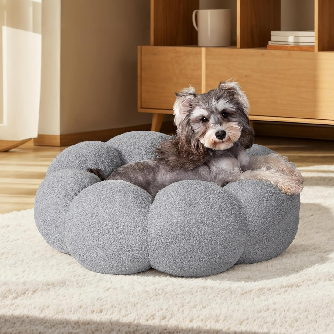 Calming Fluffy Flower Plush Sherpa Donut Non-Slip Washable Pet Bed