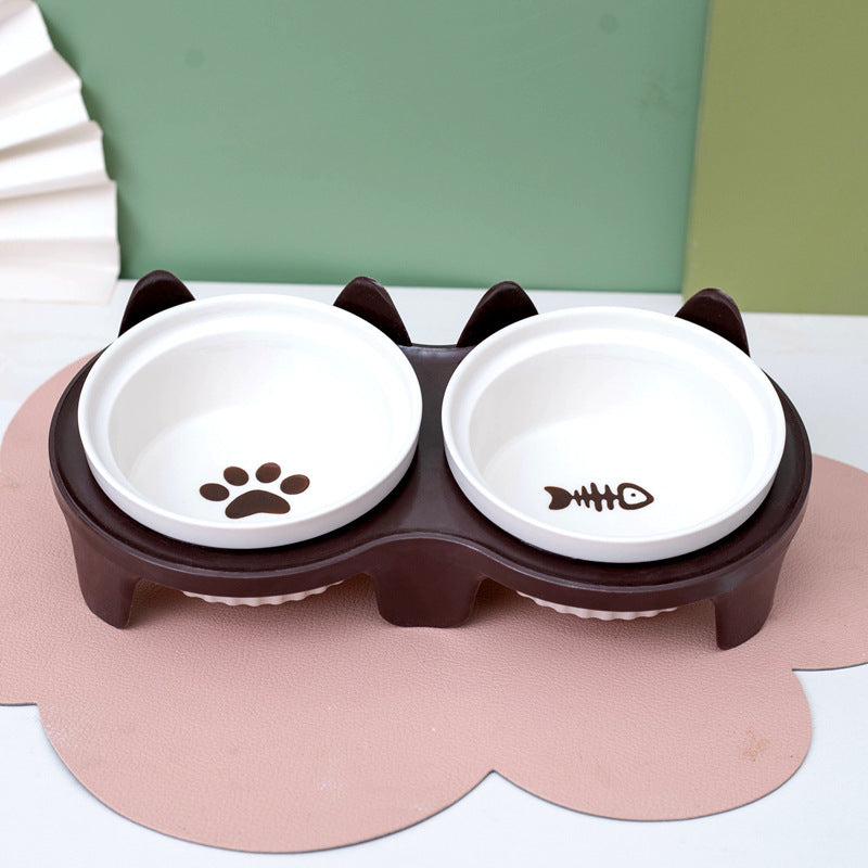 Tall Diagonal Ceramic Double Pet Food And Water Bowl