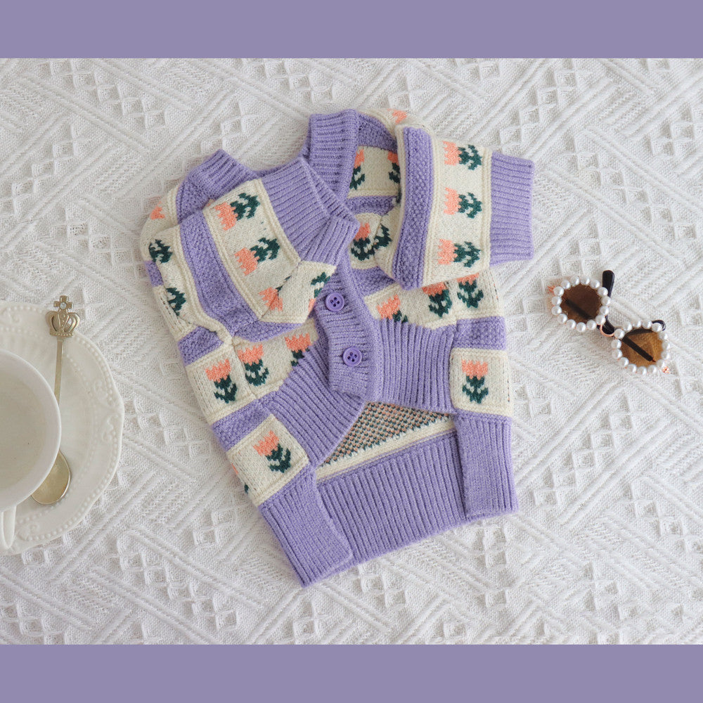Retro Purple Floral Knitted Autumn Winter Pet Sweater Clothes