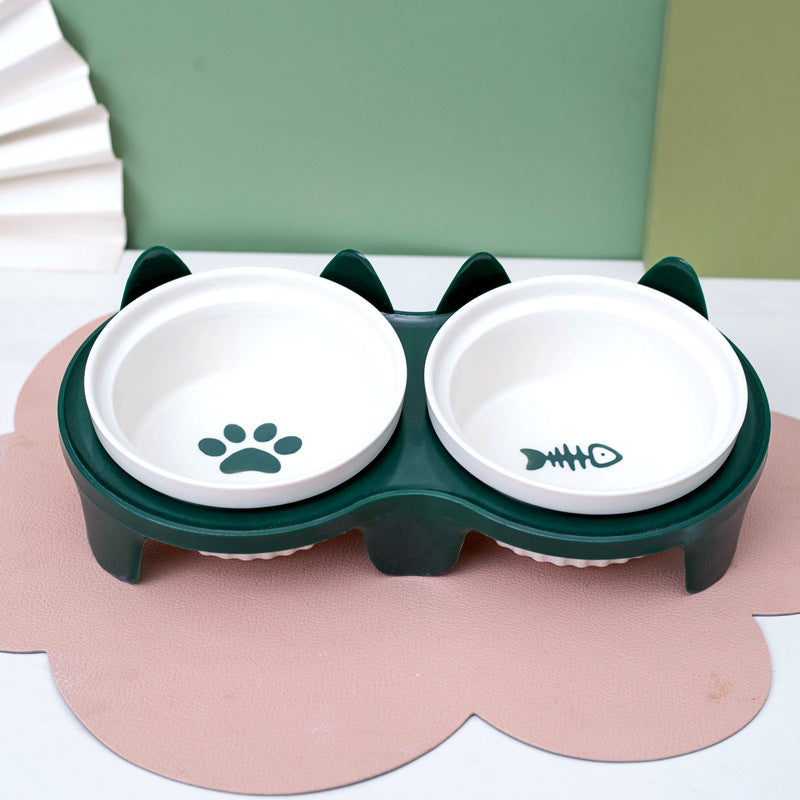 Tall Diagonal Ceramic Double Pet Food And Water Bowl