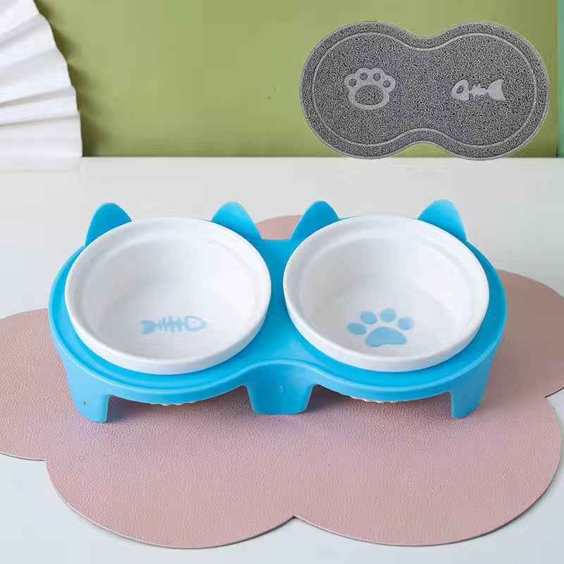 Tall Diagonal Ceramic Double Pet Food And Water Bowl