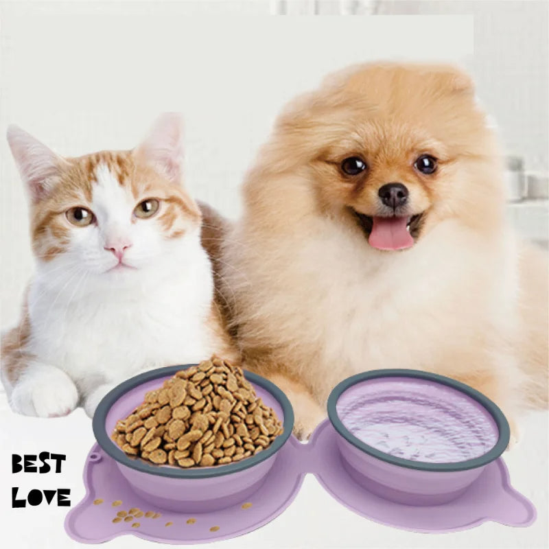 Portable Silicone Foldable Non Slip Pet Travel Double Feeding Bowl