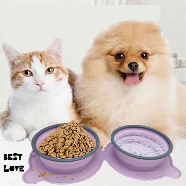 Portable Silicone Foldable Non Slip Pet Travel Double Feeding Bowl