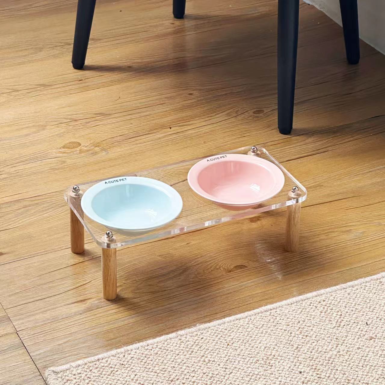 Anti Tumble High Leg Ceramic Pet Food And Water Double Bowl Holder