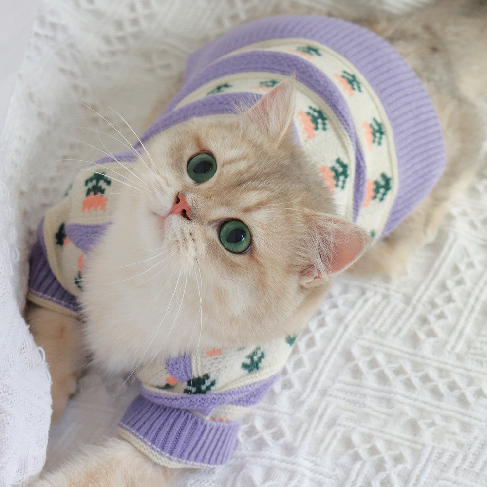 Retro Purple Floral Knitted Autumn Winter Pet Sweater Clothes