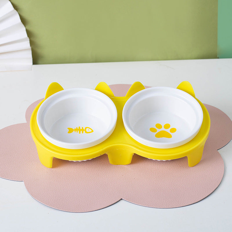 Tall Diagonal Ceramic Double Pet Food And Water Bowl
