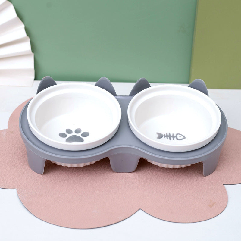Tall Diagonal Ceramic Double Pet Food And Water Bowl