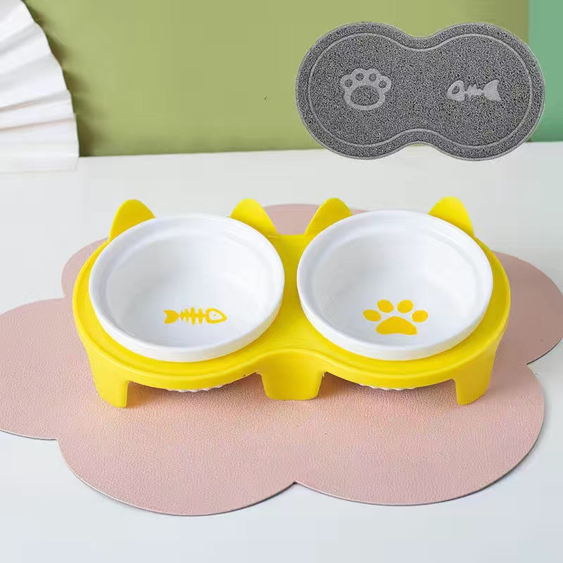 Tall Diagonal Ceramic Double Pet Food And Water Bowl