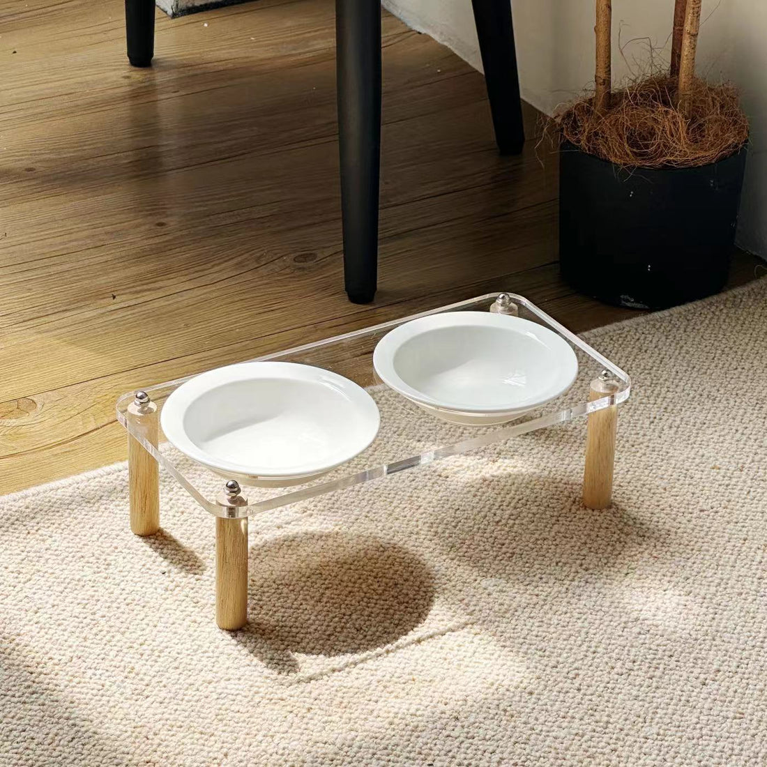 Anti Tumble High Leg Ceramic Pet Food And Water Double Bowl Holder