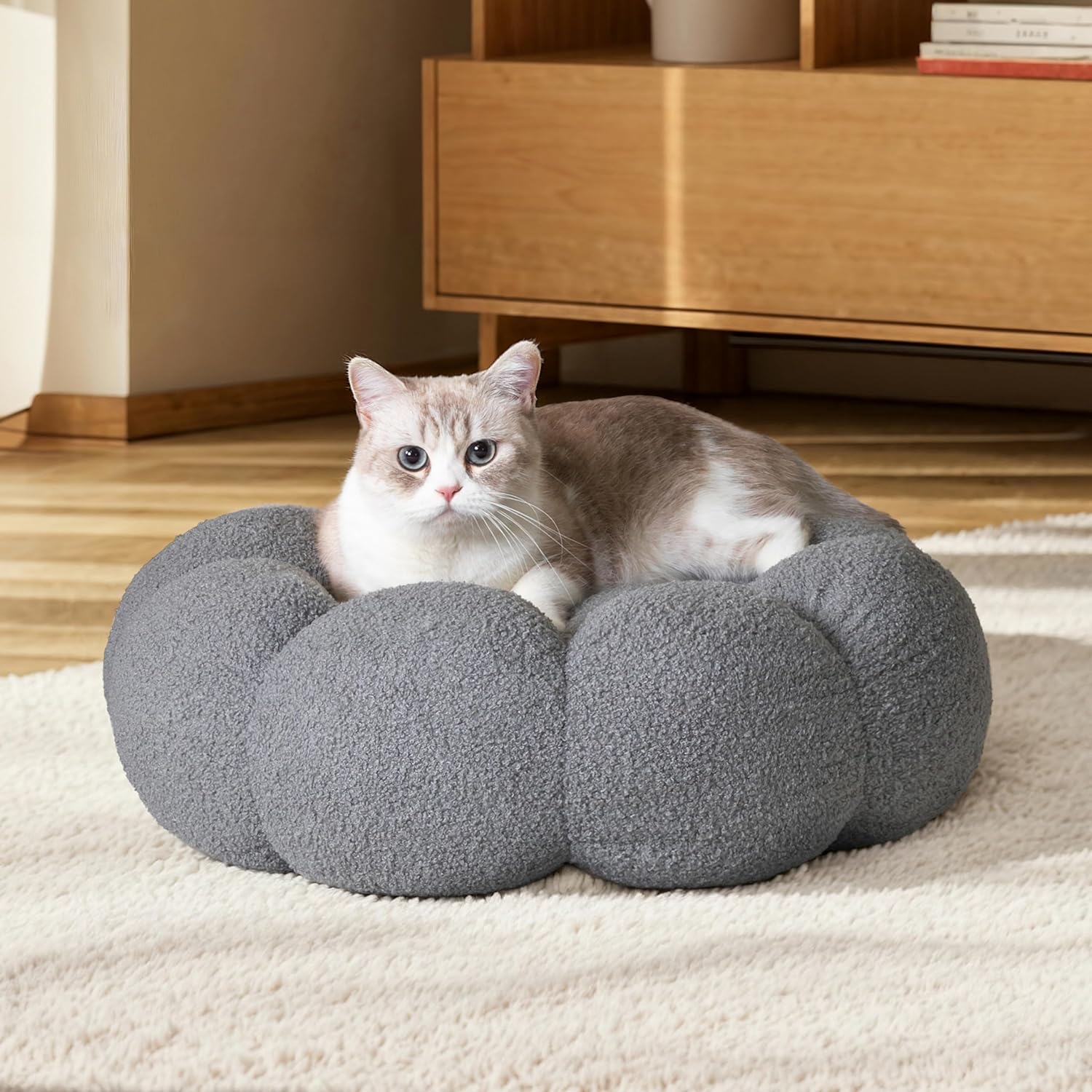 Calming Fluffy Flower Plush Sherpa Donut Non-Slip Washable Pet Bed