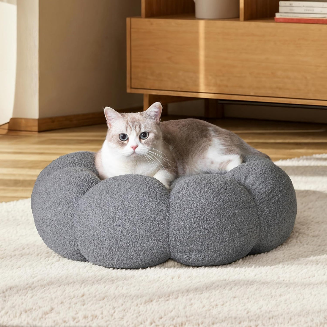 Calming Fluffy Flower Plush Sherpa Donut Non-Slip Washable Pet Bed